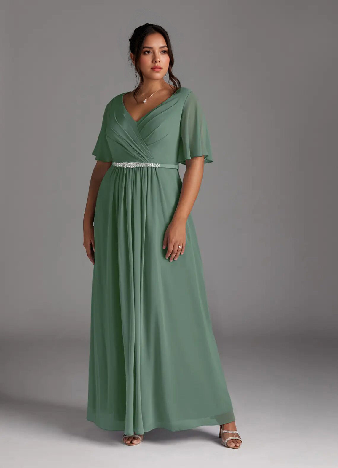 Augday A-Line V-Neck Pleated Chiffon Dress Plus Size