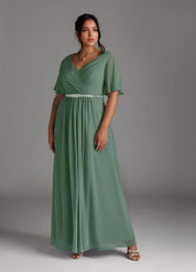 Augday A-Line V-Neck Pleated Chiffon Dress Plus Size