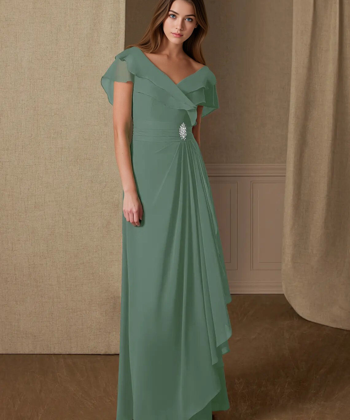Augday A-Line V-Neck Ruched Chiffon Dress