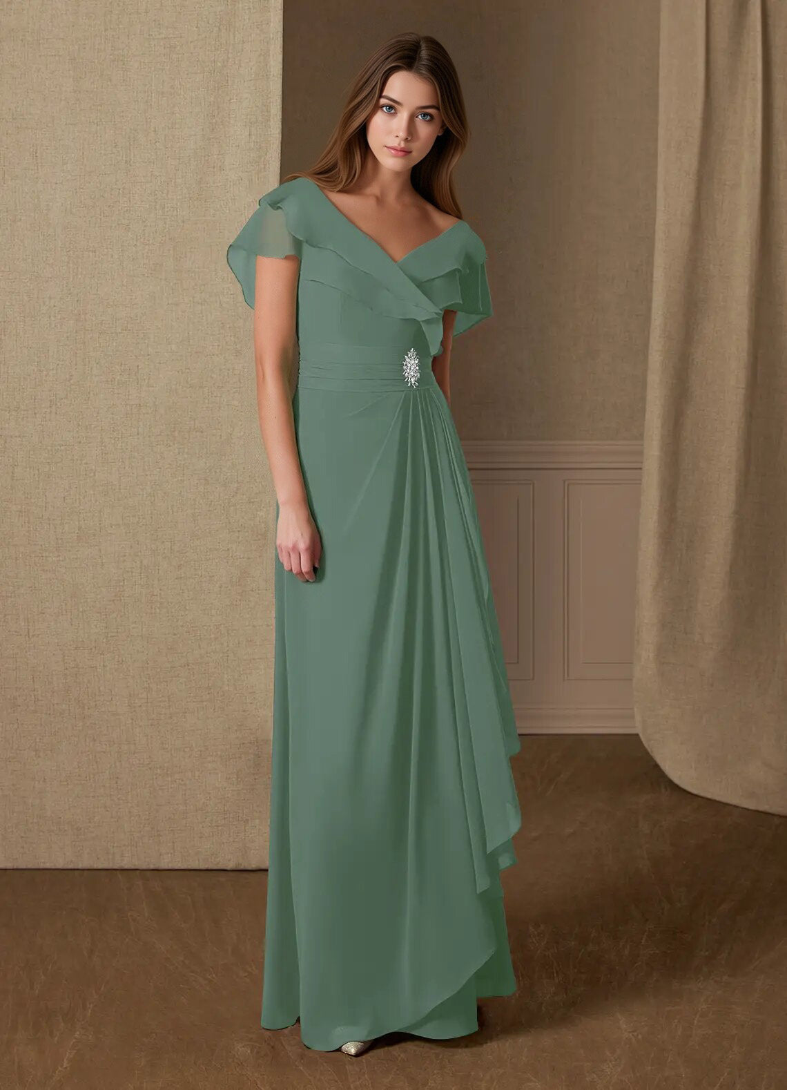 Augday A-Line V-Neck Ruched Chiffon Dress