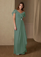 Augday A-Line V-Neck Ruched Chiffon Dress