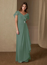 Augday A-Line V-Neck Ruched Chiffon Dress