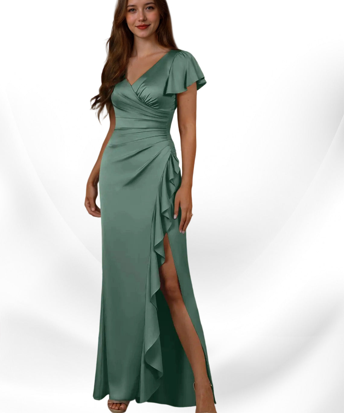 Augday Roya Mermaid V-Neck Pleated Stretch Satin