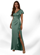 Augday Roya Mermaid V-Neck Pleated Stretch Satin