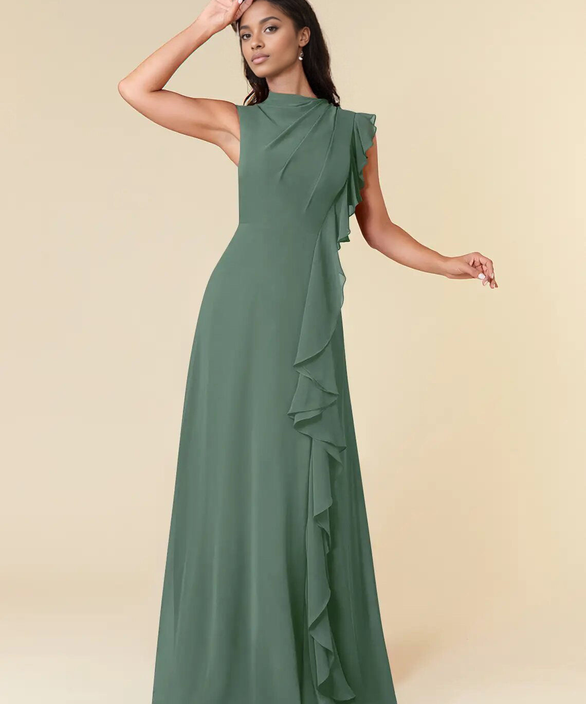 Augday A-Line High Neckline Pleated Chiffon Dress