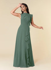 Augday A-Line High Neckline Pleated Chiffon Dress