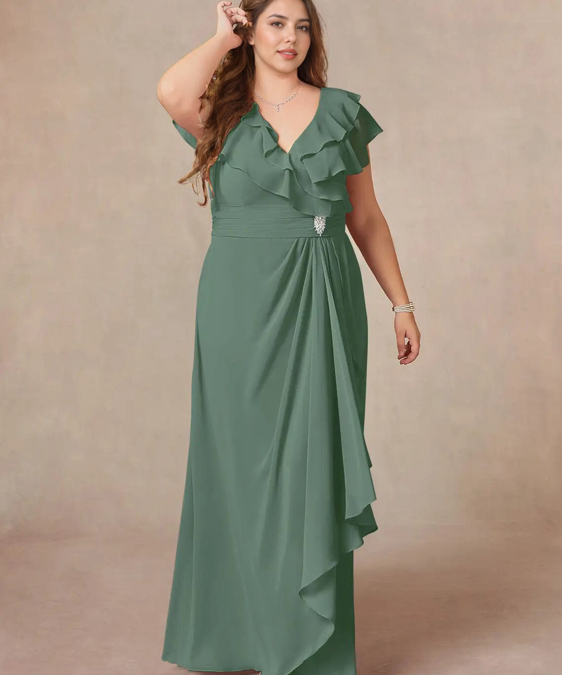 Augday A-Line V-Neck Ruched Chiffon Dress Plus Size