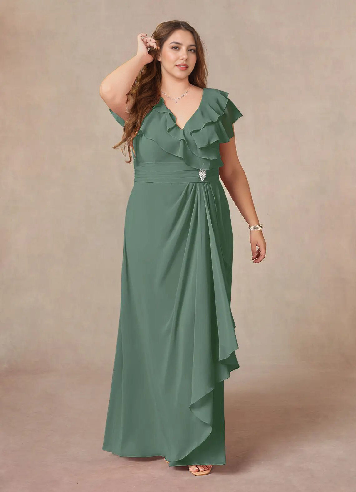 Augday A-Line V-Neck Ruched Chiffon Dress Plus Size