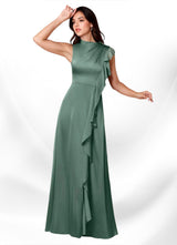 Augday Narine A-Line High Neckline Pleated Stretch Satin Dress