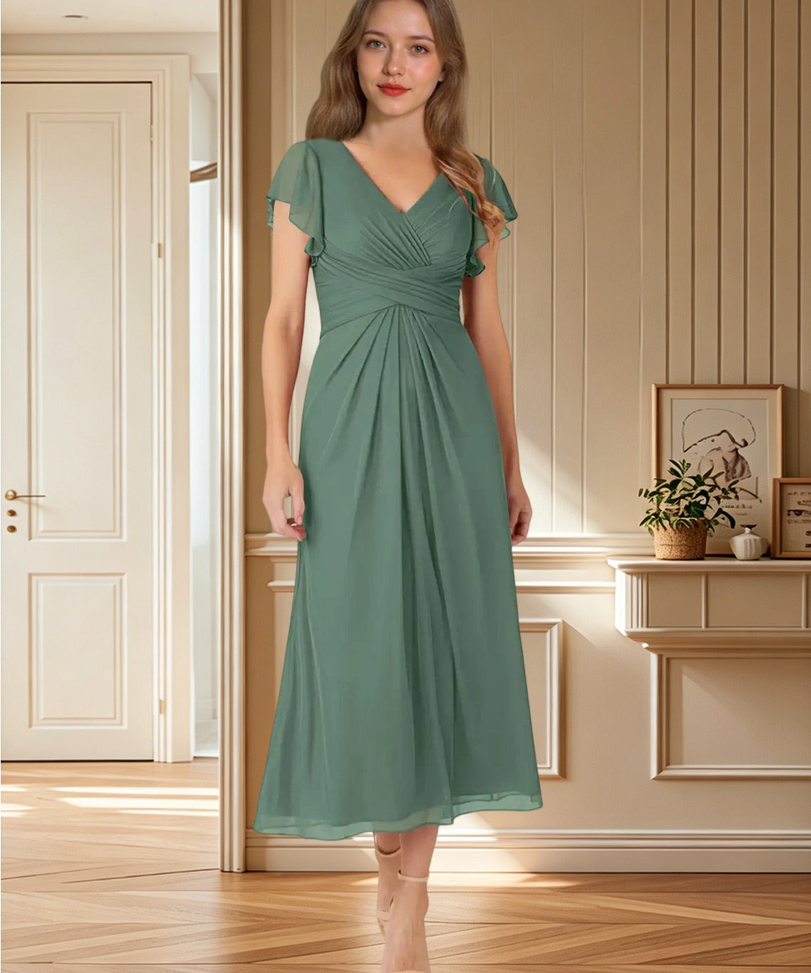 Augday Vera A-Line V-Neck Pleated Mesh Dress