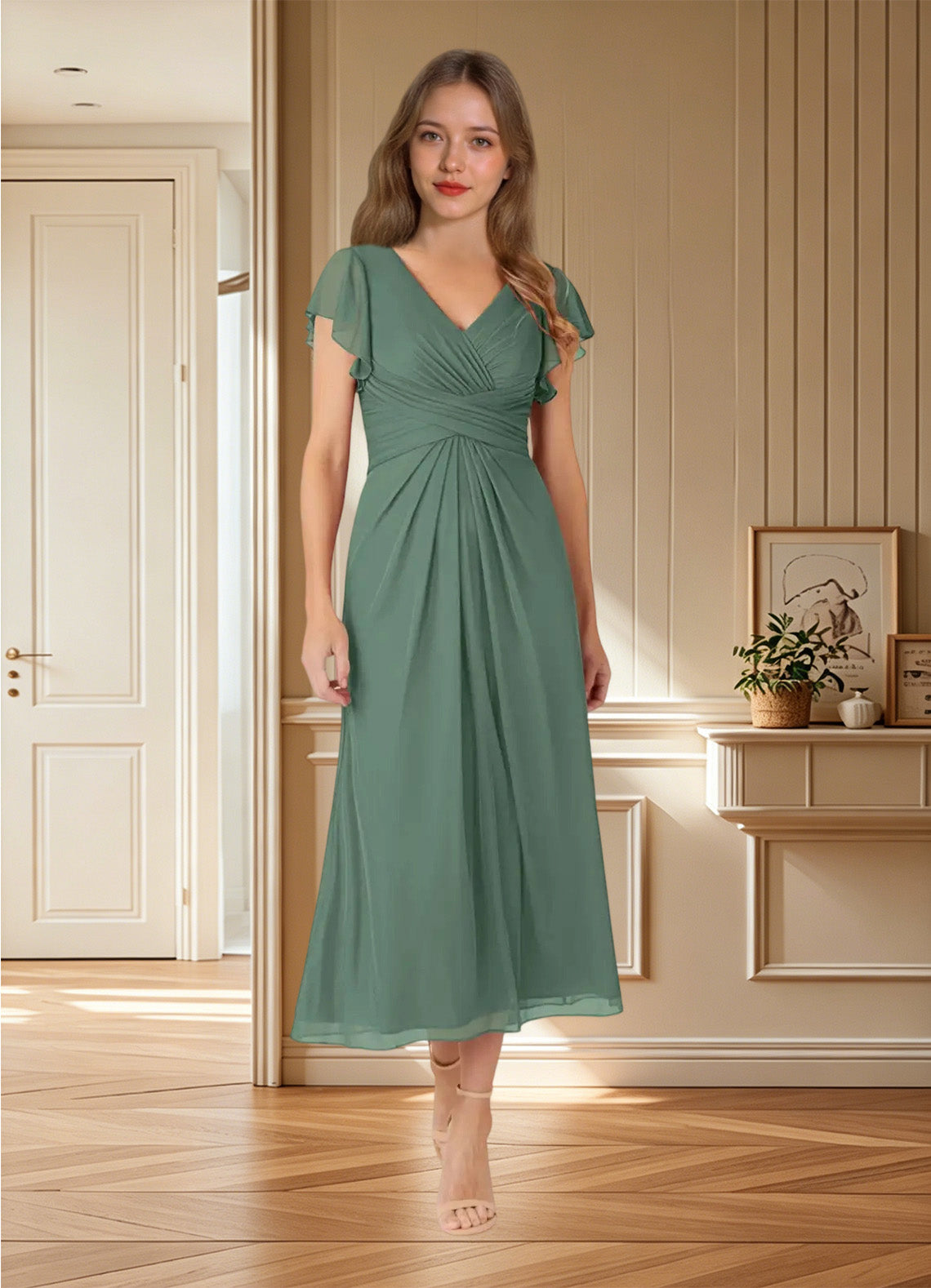 Augday Vera A-Line V-Neck Pleated Mesh Dress