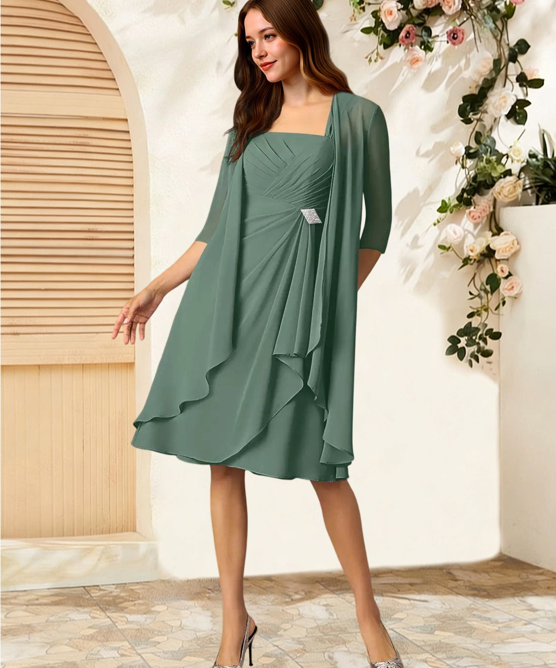 Augday Olivia A-Line Square Neckline Pleated Chiffon Dress