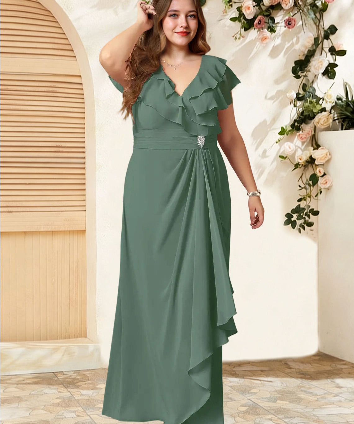 Augday Snapdragon A-Line V-Neck Ruched Chiffon Dress
