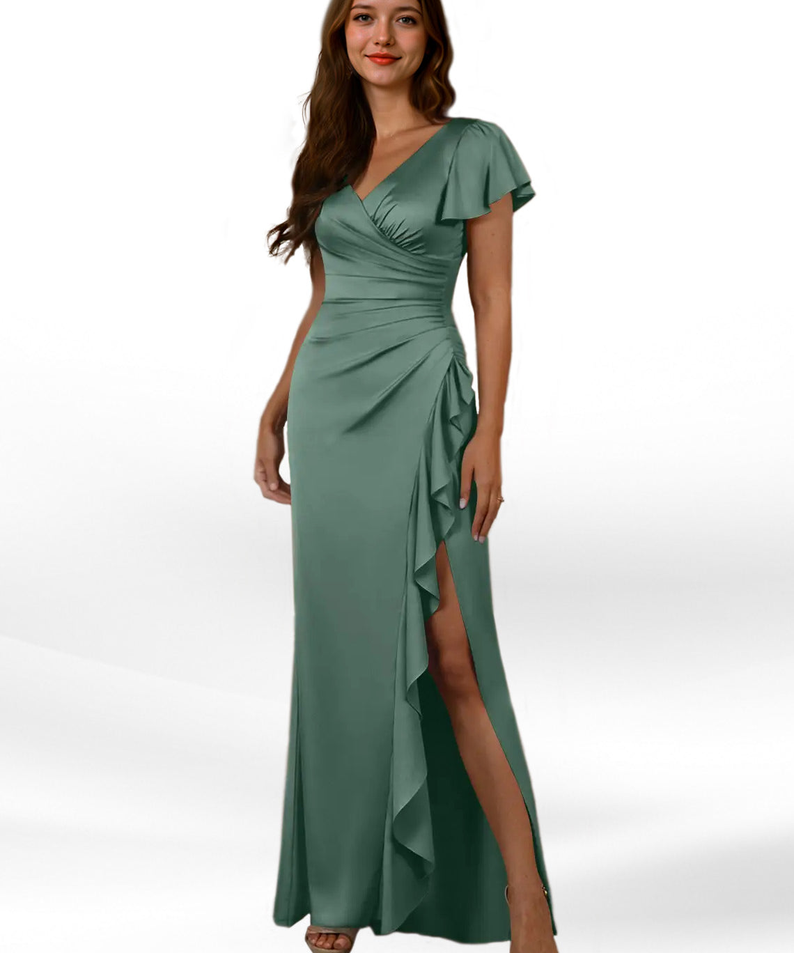 Augday Roya Mermaid V-Neck Pleated Stretch Satin Dress