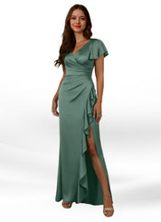 Augday Roya Mermaid V-Neck Pleated Stretch Satin Dress
