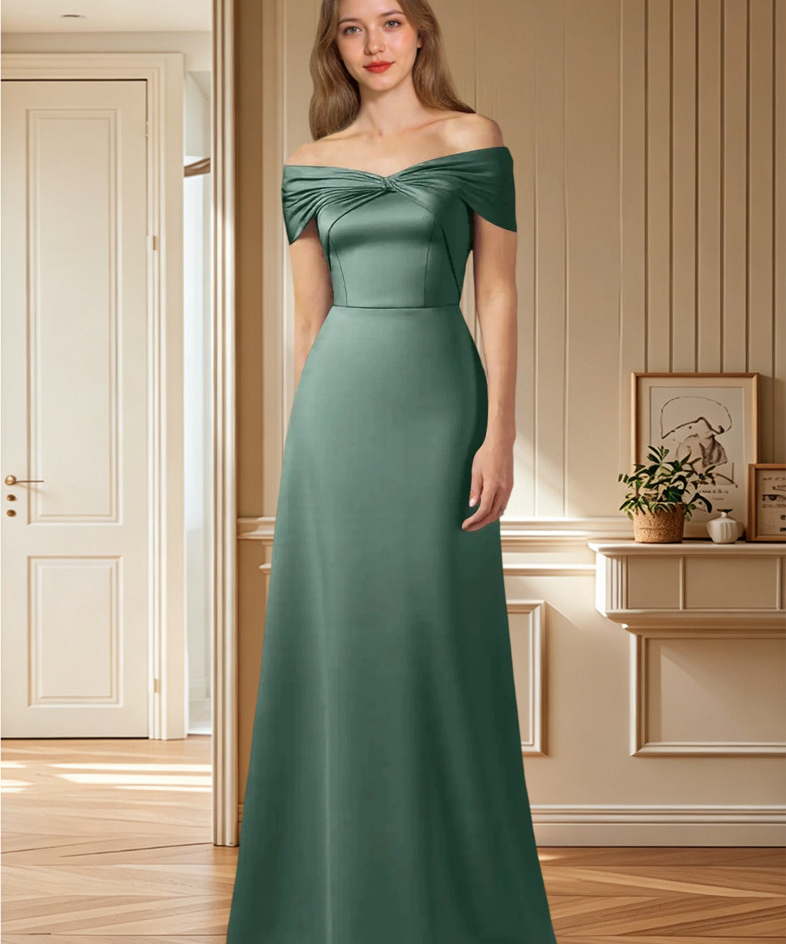 Augday Amelia A-Line Off the Shoulder Stretch Satin Dress
