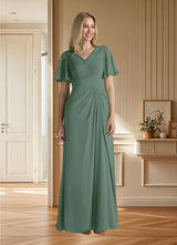 Augday Morning Glory A-Line V-Neck Ruched Chiffon Dress
