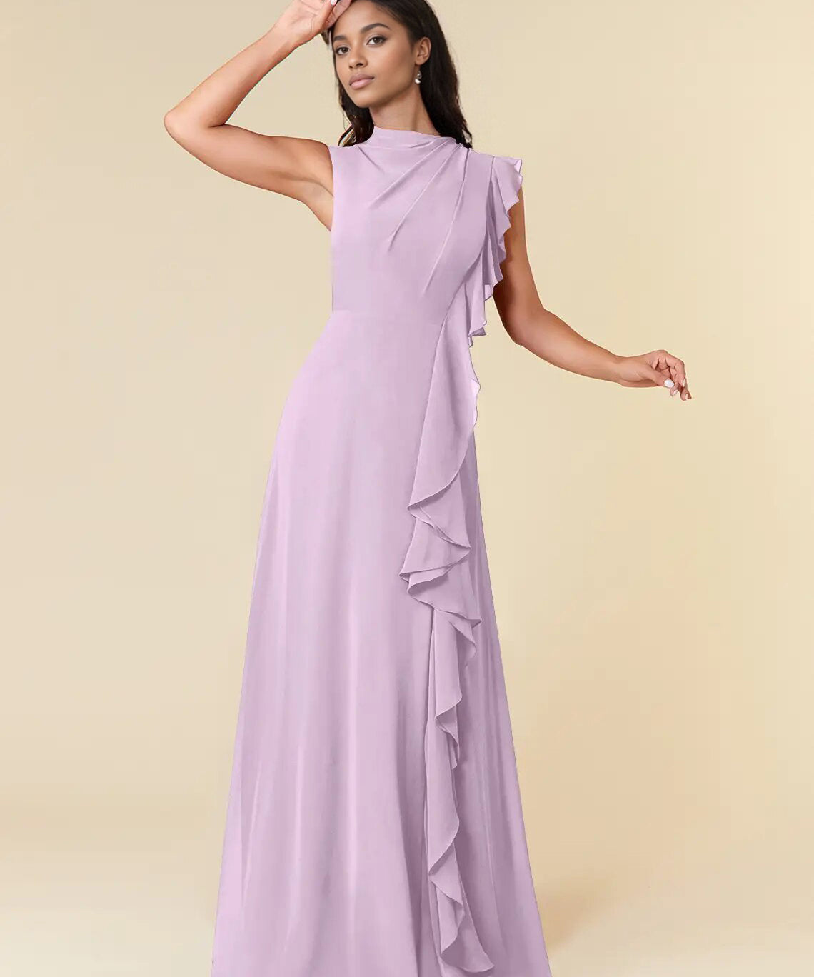 Augday A-Line High Neckline Pleated Chiffon Dress