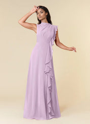 Augday A-Line High Neckline Pleated Chiffon Dress