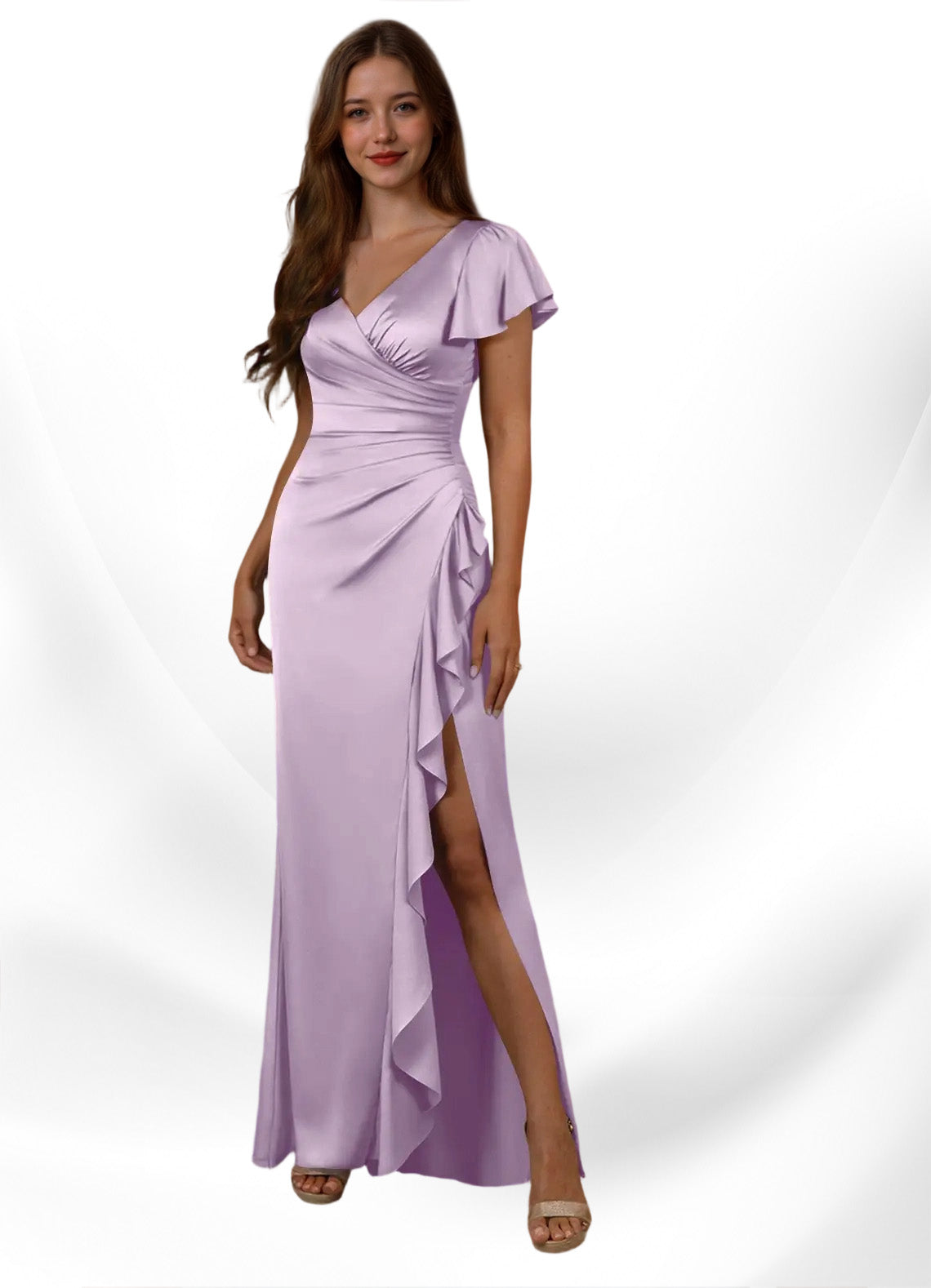 Augday Roya Mermaid V-Neck Pleated Stretch Satin