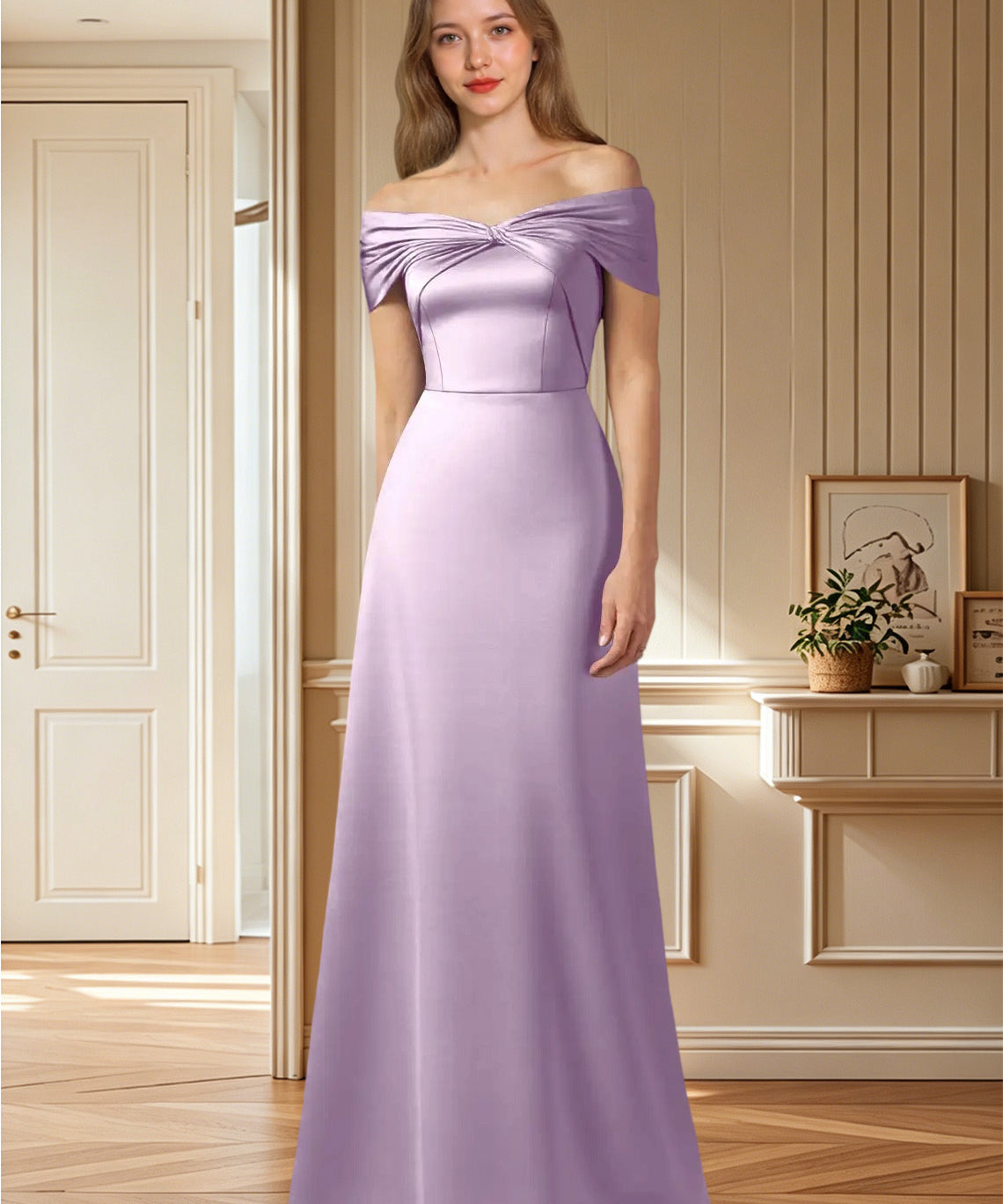 Augday Amelia A-Line Off the Shoulder Stretch Satin Dress
