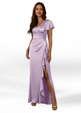 Augday Roya Mermaid V-Neck Pleated Stretch Satin Dress