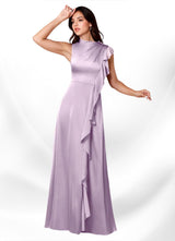 Augday Narine A-Line High Neckline Pleated Stretch Satin Dress