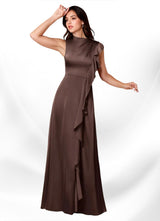 Augday Narine A-Line High Neckline Pleated Stretch Satin Dress