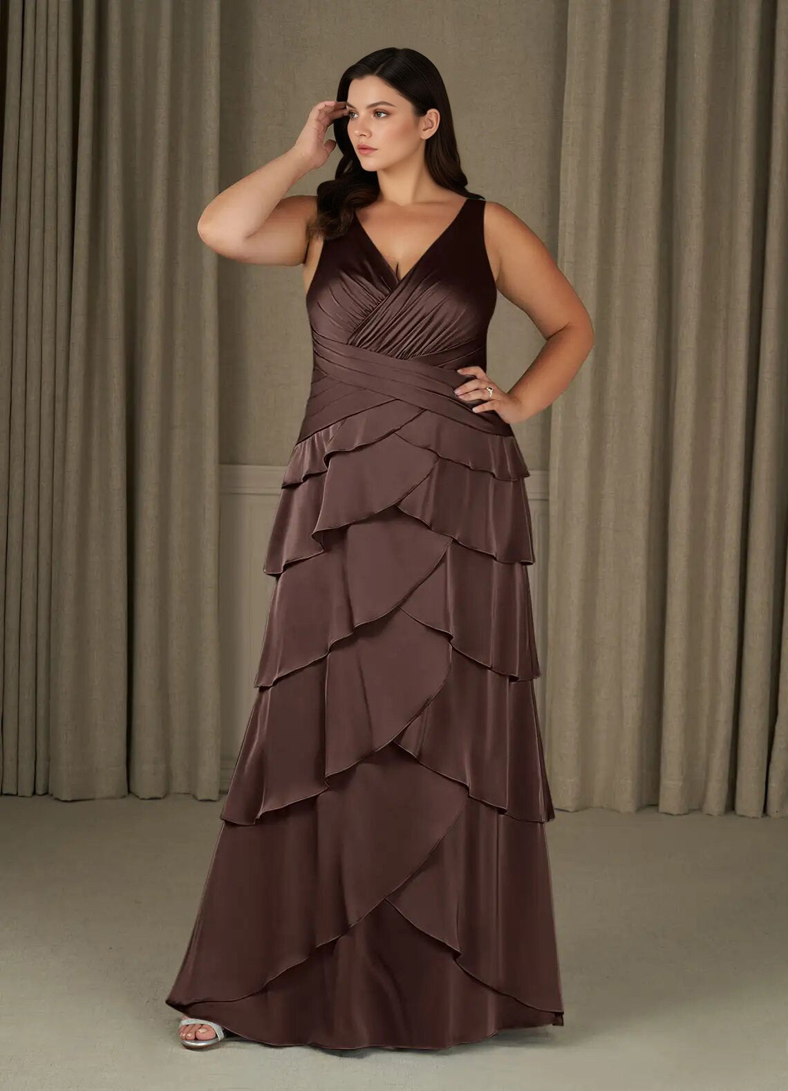 Augday Viola A-Line Pleated Stretch Satin Dress Plus Size
