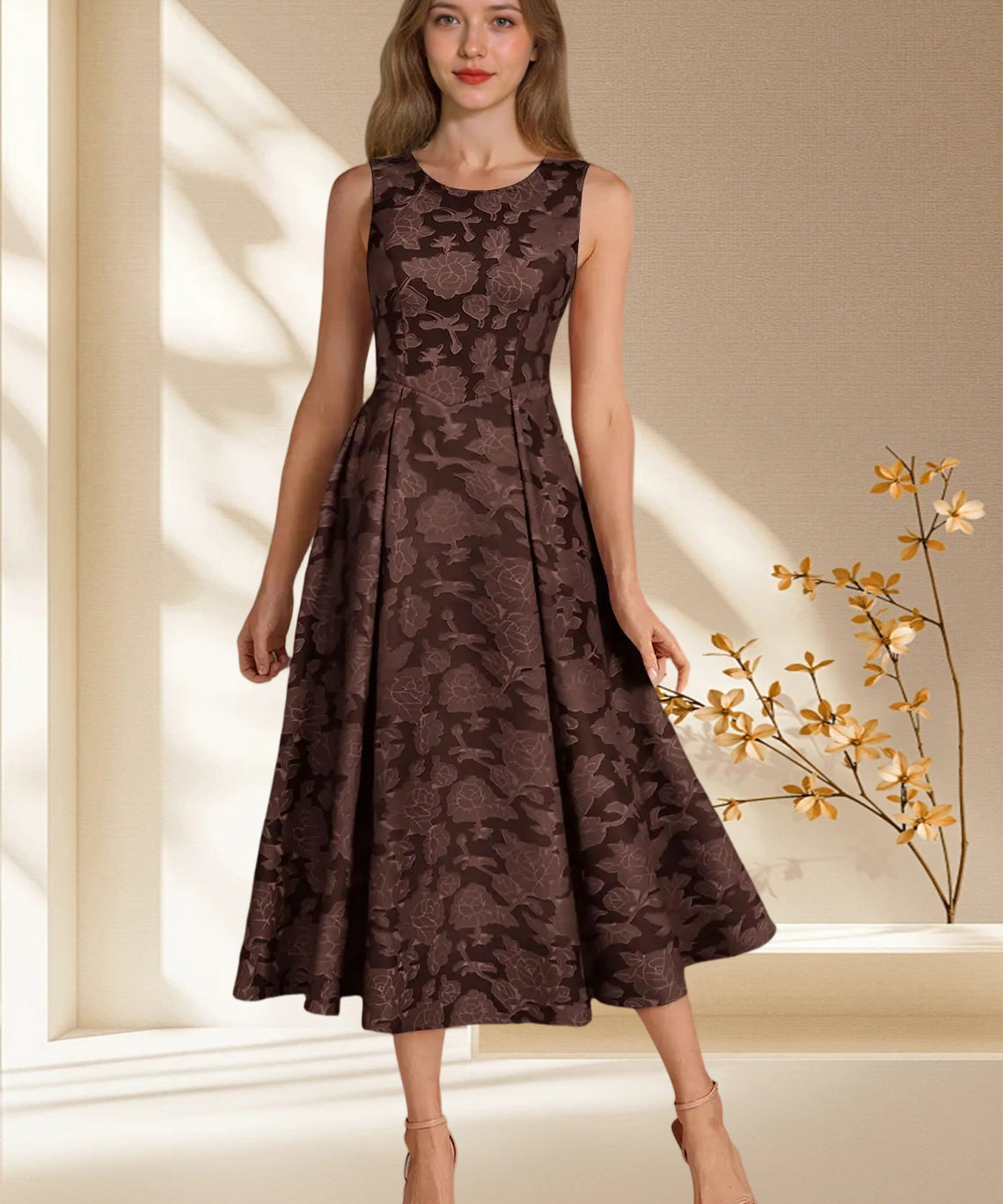 Augday Fulton A-Line Pleated Floral Burnout Dress