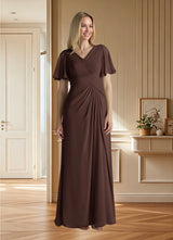 Augday Morning Glory A-Line V-Neck Ruched Chiffon Dress