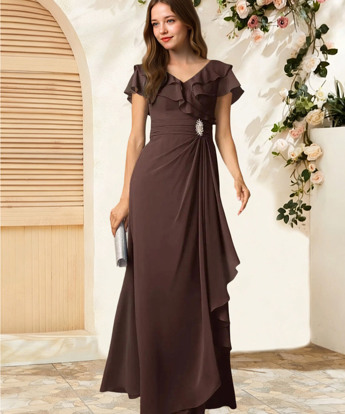 Augday Snapdragon A-Line V-Neck Ruched Chiffon Dress