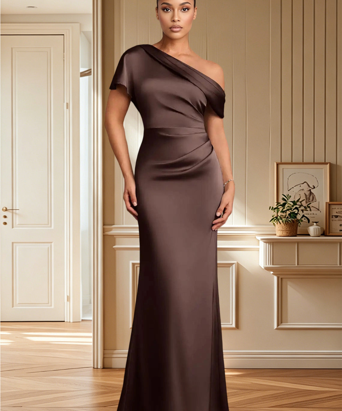 Augday Rutha Sheath One Shoulder Stretch Satin Dress
