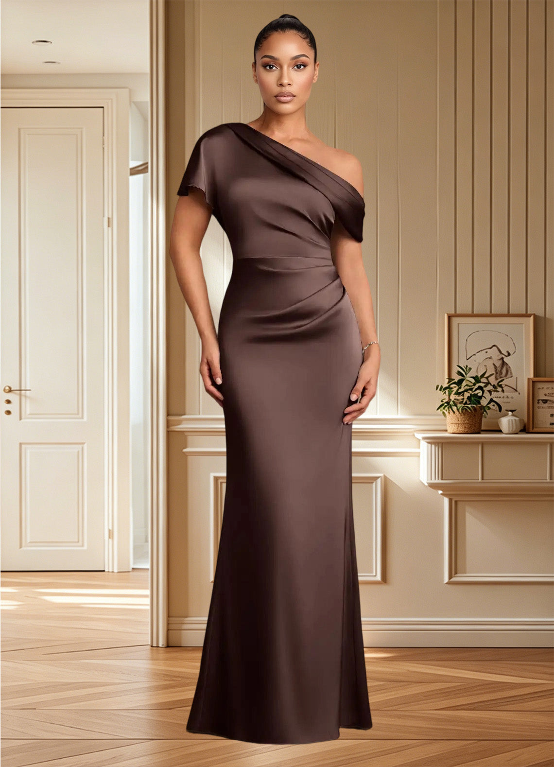 Augday Rutha Sheath One Shoulder Stretch Satin Dress