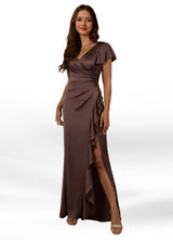 Augday Roya Mermaid V-Neck Pleated Stretch Satin Dress