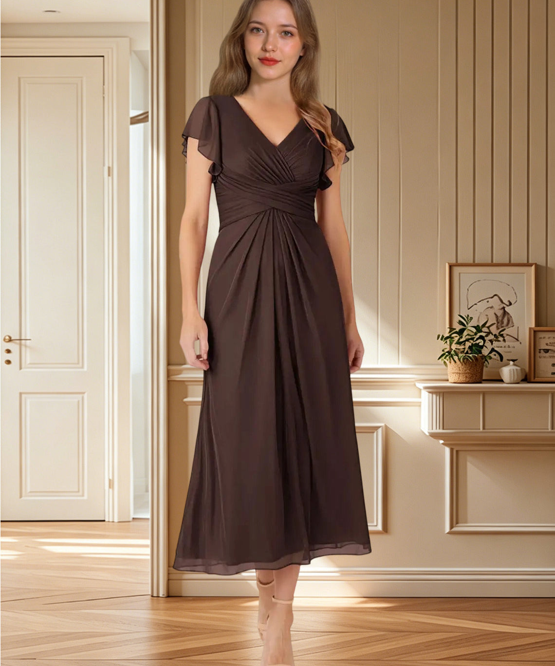 Augday Vera A-Line V-Neck Pleated Mesh Dress