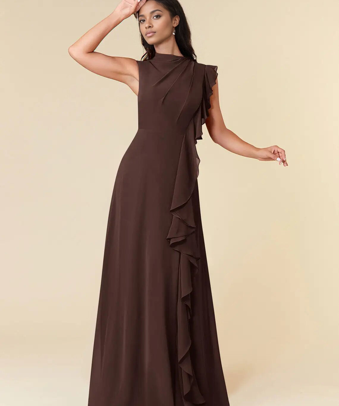 Augday A-Line High Neckline Pleated Chiffon Dress