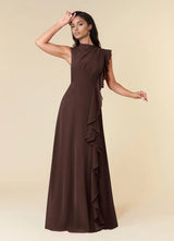 Augday A-Line High Neckline Pleated Chiffon Dress