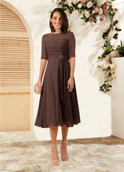 Augday Naomi A-Line Boatneck Pleated Chiffon Dress