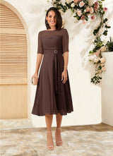 Augday Naomi A-Line Boatneck Pleated Chiffon Dress