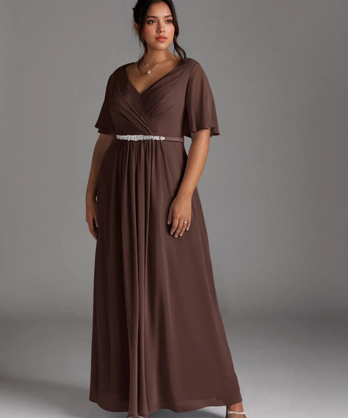 Augday A-Line V-Neck Pleated Chiffon Dress Plus Size
