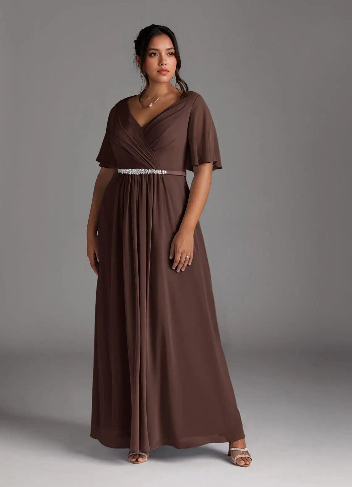 Augday A-Line V-Neck Pleated Chiffon Dress Plus Size
