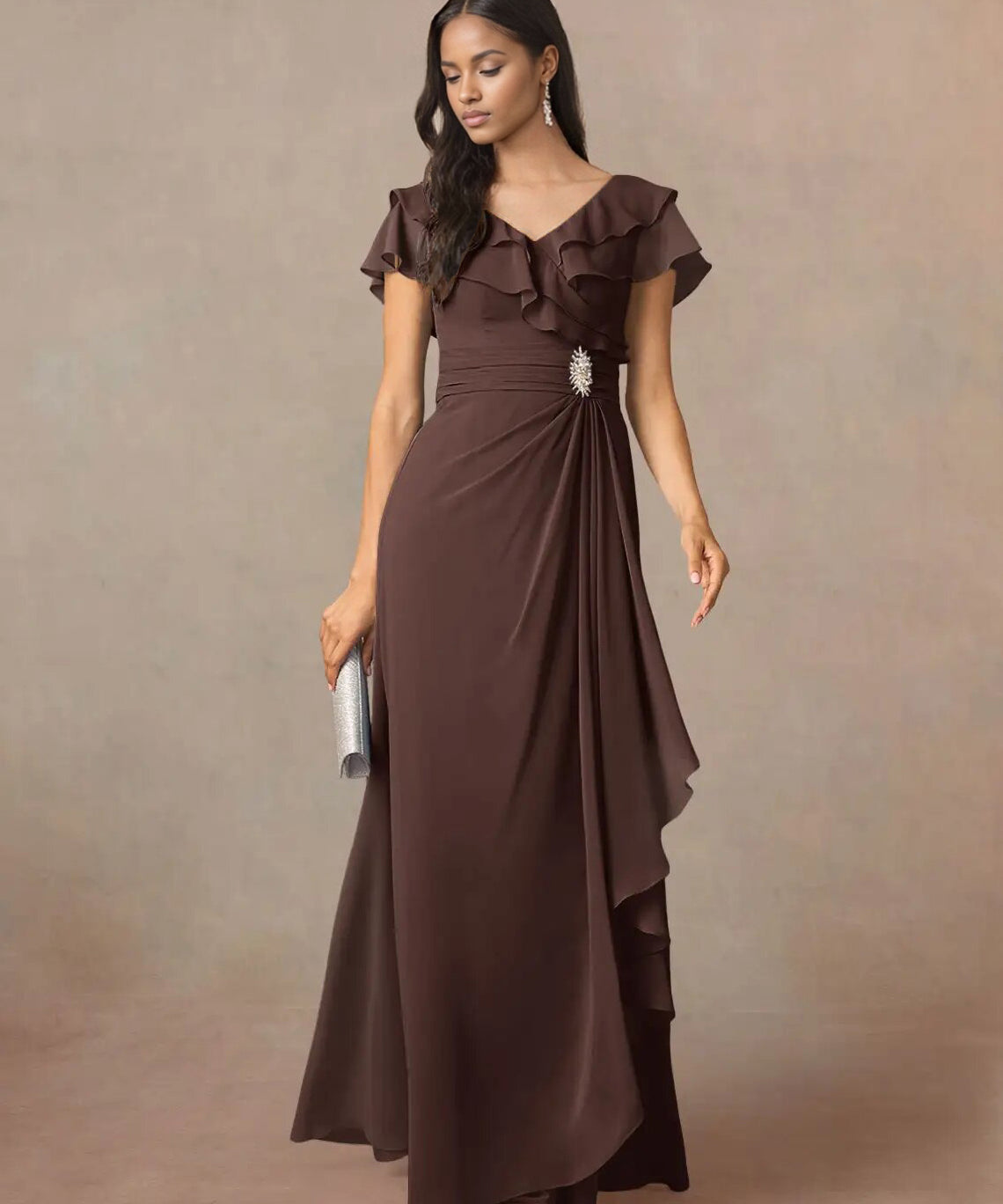 Augday A-Line V-Neck Ruched Chiffon Dress