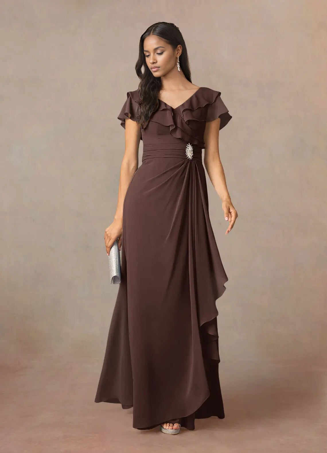 Augday A-Line V-Neck Ruched Chiffon Dress