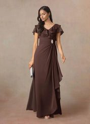 Augday A-Line V-Neck Ruched Chiffon Dress