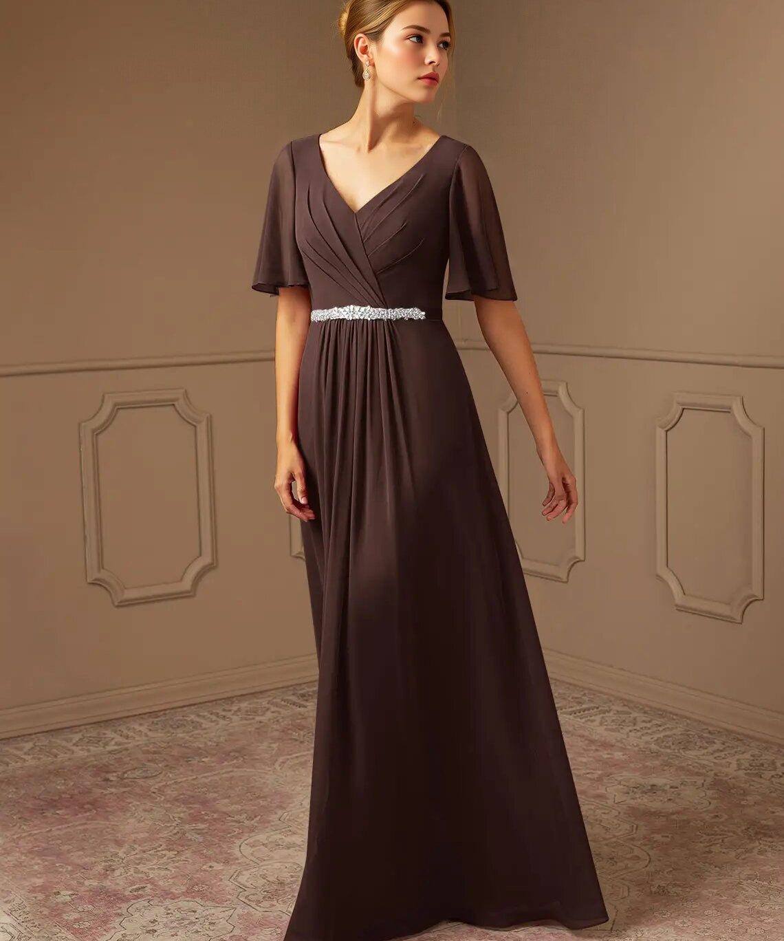 Augday A-Line V-Neck Pleated Chiffon Dress