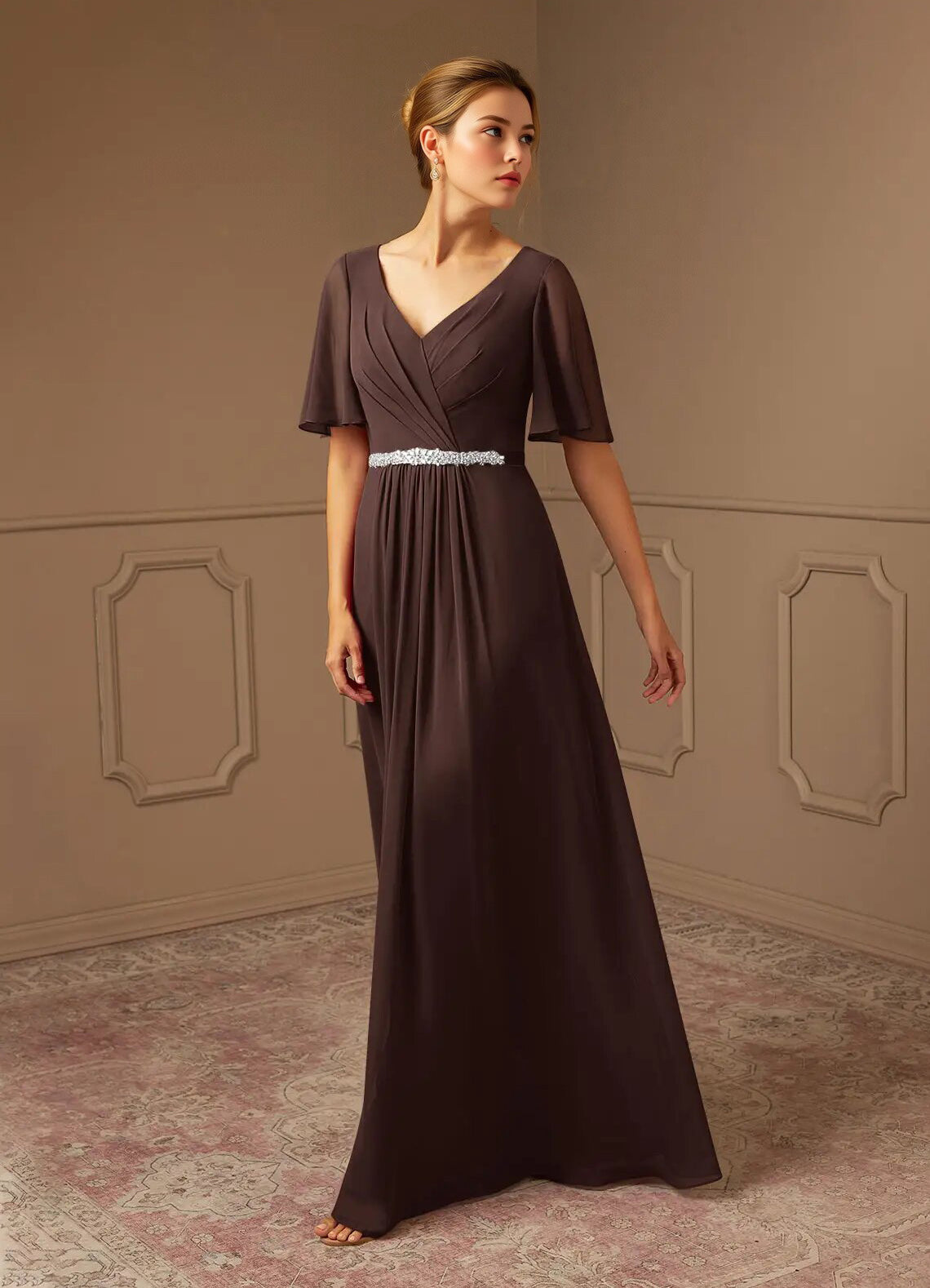 Augday A-Line V-Neck Pleated Chiffon Dress
