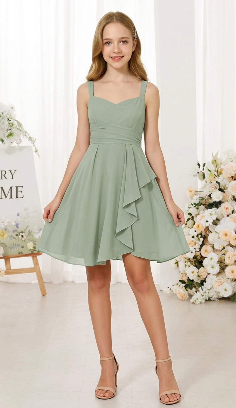 Augday Laly Girl Short Chiffon Flower Girl Dress for Wedding Spaghetti Straps Teens Formal Dresses