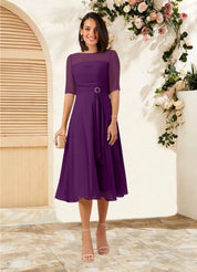 Augday Naomi A-Line Boatneck Pleated Chiffon Dress