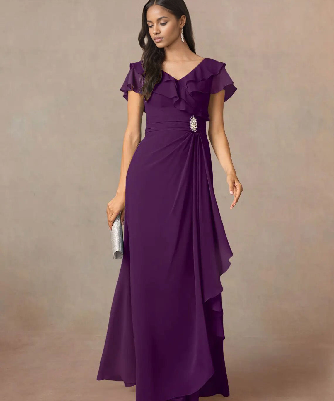 Augday A-Line V-Neck Ruched Chiffon Dress